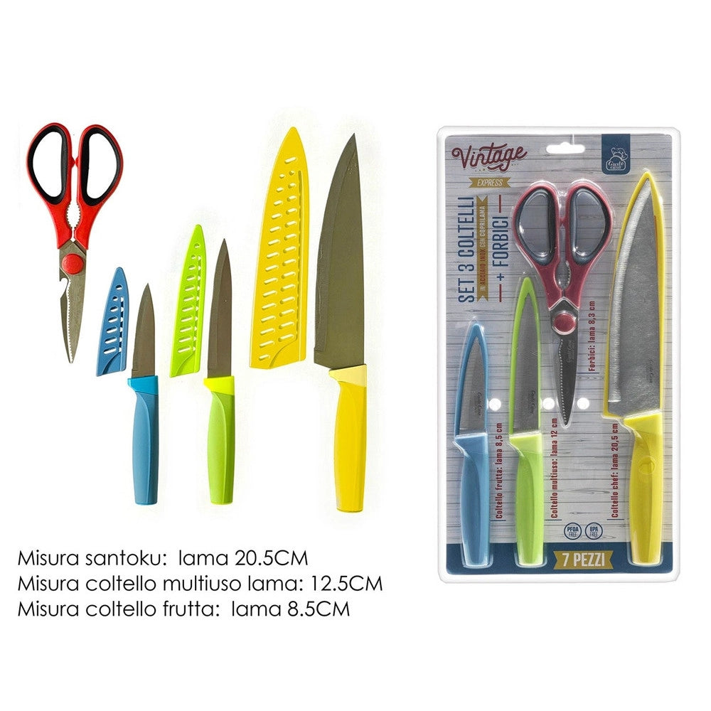 Trade Shop - Set 3 Coltelli Chef Frutta Multiuso Con Coprilama + Forbici In Acciaio Utensili Da Cucina -
