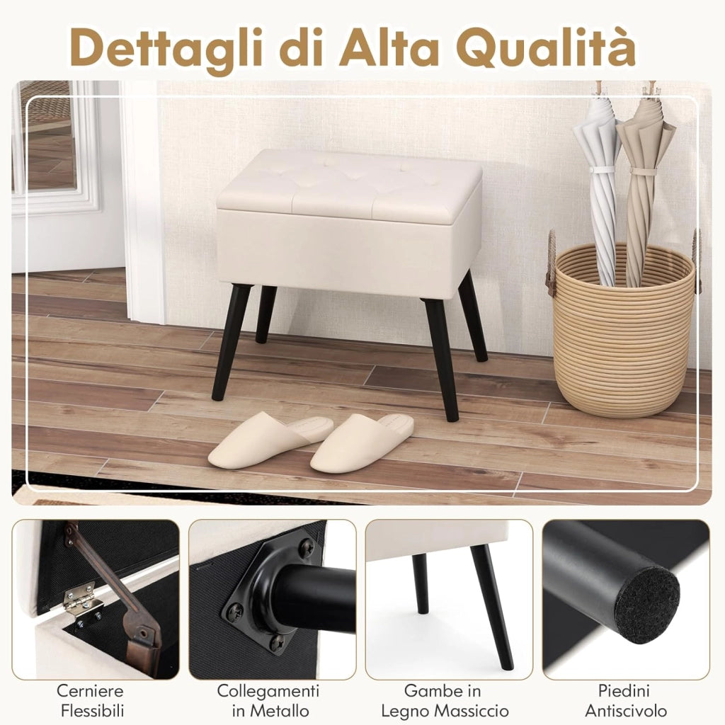 Sgabello Contenitore, Pouf Sgabello Ottoman, Poggiapiedi Moderno da Trucco, con Gambe in Legno Massello & Seduta Imbottita, Portata 150 kg, 49,5 x 35 x 46,5 cm (Beige)
