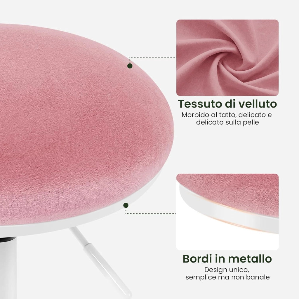 Sedia da Ufficio Regolabile in Altezza, Sgabello Girevole a 360°con Rotelle, Sedia da Trucco per Camera da Letto Studio Soggiorno Cucina, 45,5-57,5 cm, Velluto, Rosa, 0177BGY