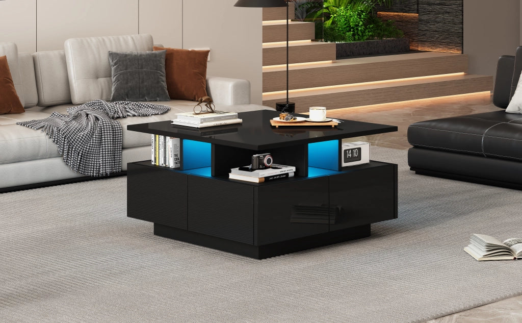 TAVOLINO da salotto 70x70x40 cm nero lucido con LED e 4 cassetti