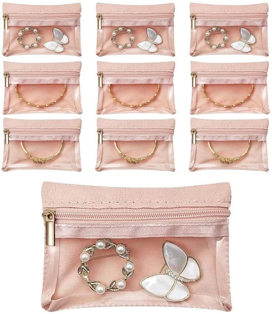 Tas per gioielli portatile 12x8cm - 10 pezzi - Disegno a zip - Leggero - Rosa - Protezione contro le abrasioni