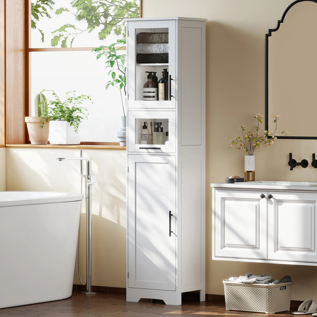 Colonna Bagno con Anta a Vetro Ripiani Regolabili e Cassetto ¨C Minimal ¨C Bianco 40x31x170 cm