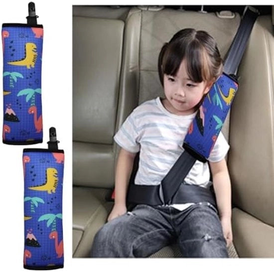 Cinture di sicurezza per bambini auto - 2 pezzi disegno dinosauro - Blu - Protezione comoda per il collo - Adatto per auto, SUV e più