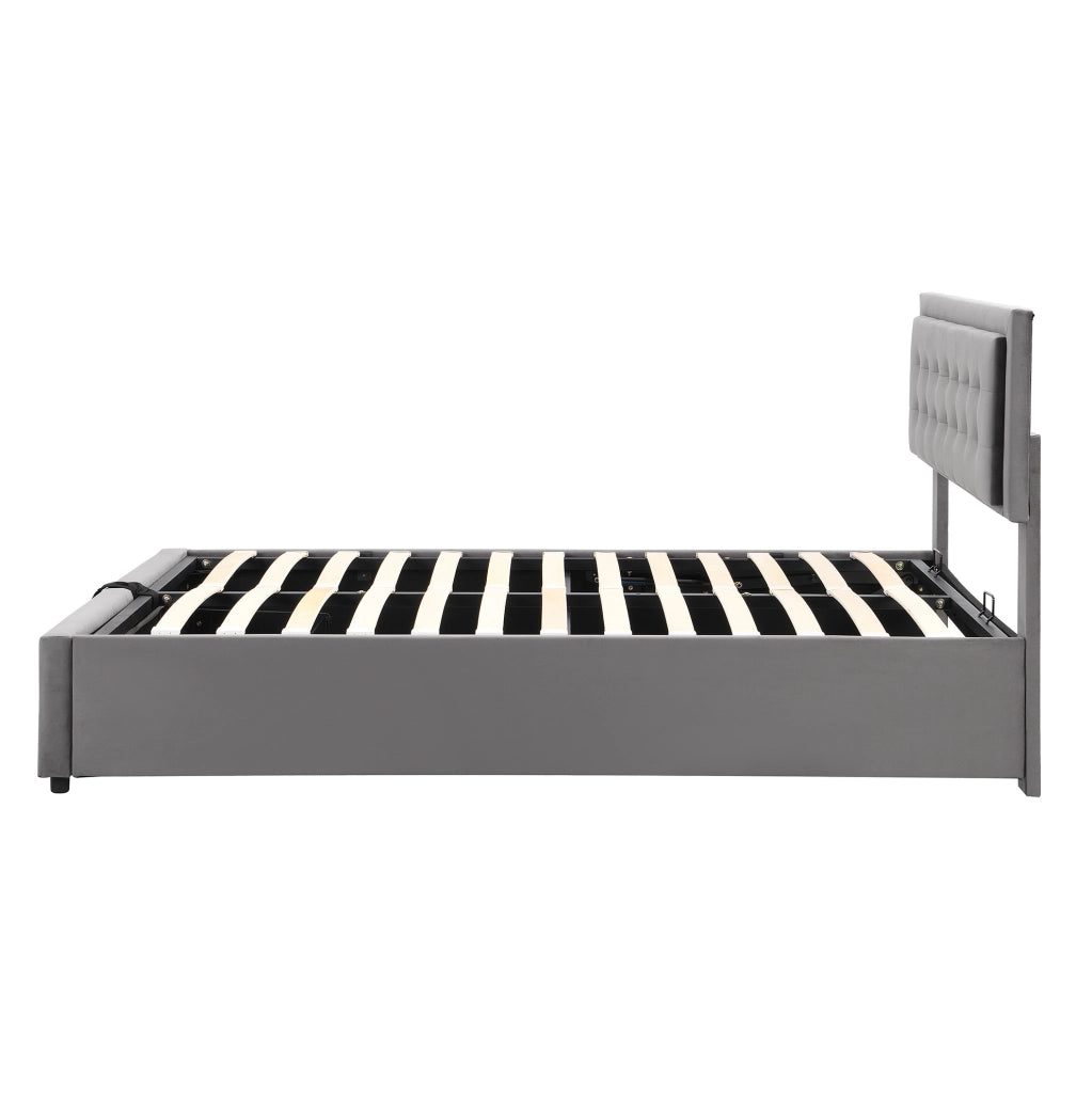 Letto imbottito 140x190 cm in velluto grigio con testiera regolabile e contenitore