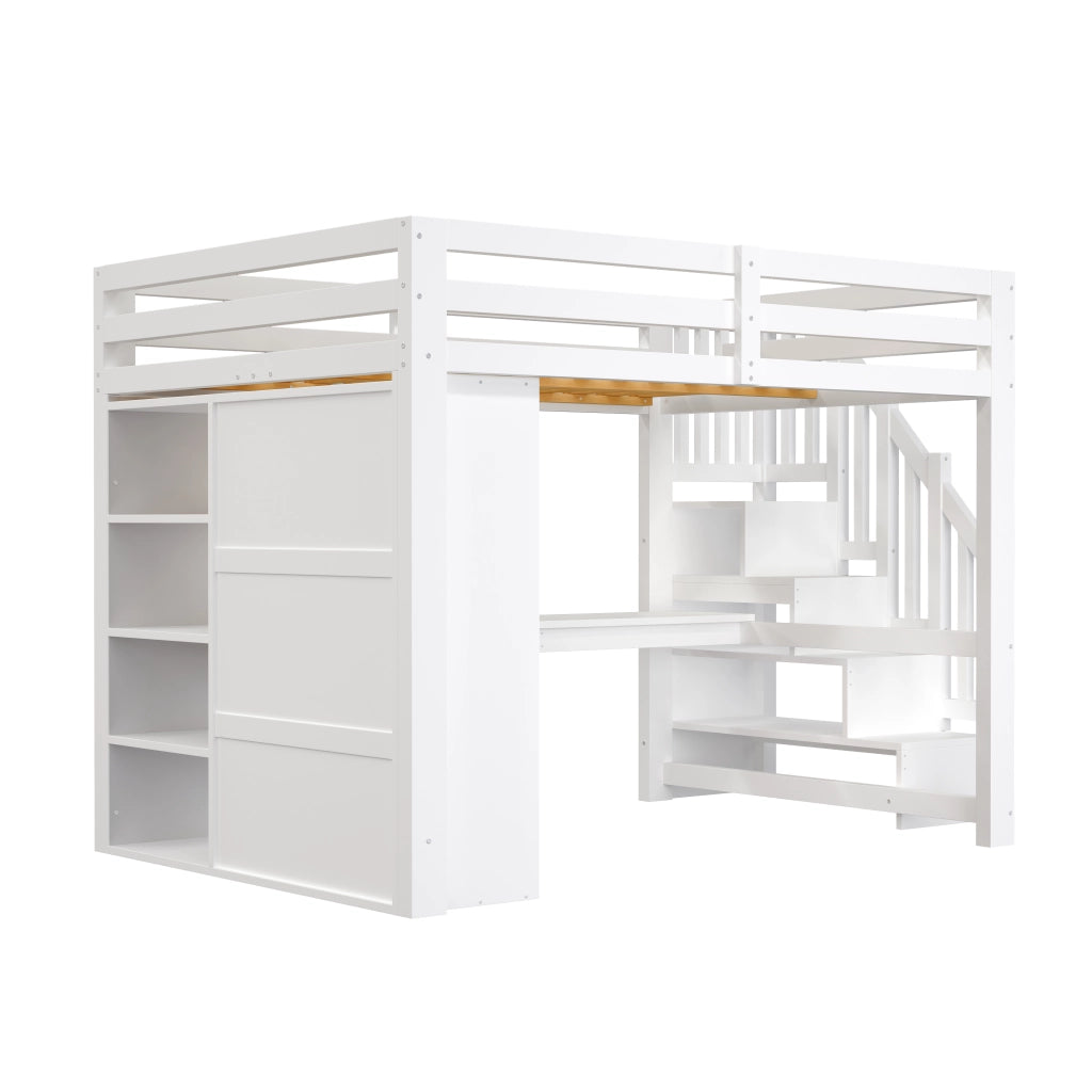 Letto a Soppalco 140x200 cm con Scrivania; Scaffali; Armadio; Scala e LED Bianco