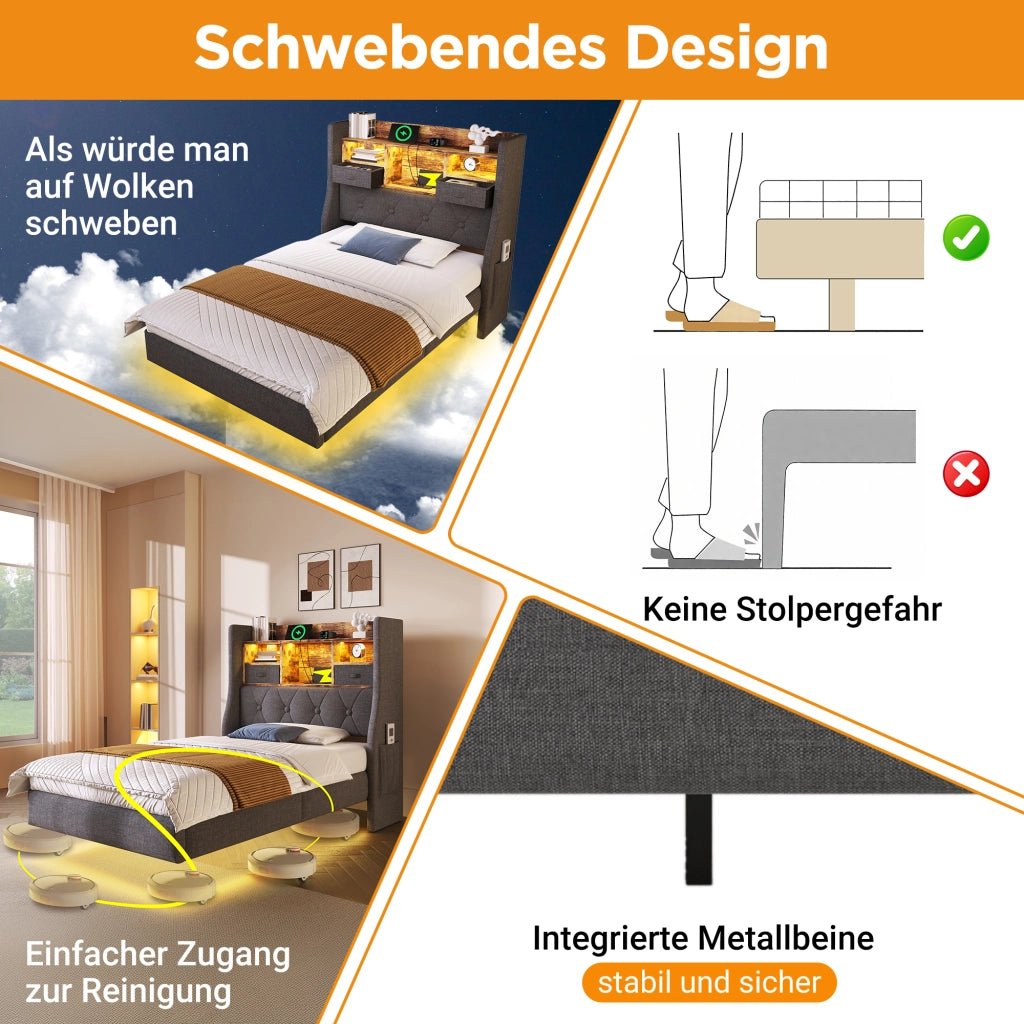 Letto a scomparsa imbottito con luci LED e porta USB 140x190 cm lino grigio