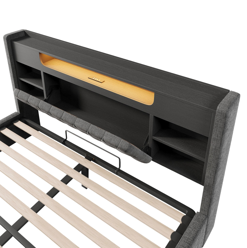 Letto matrimoniale 140x200 cm con contenitore idraulico; LED; USB e USB-C; grigio in lino