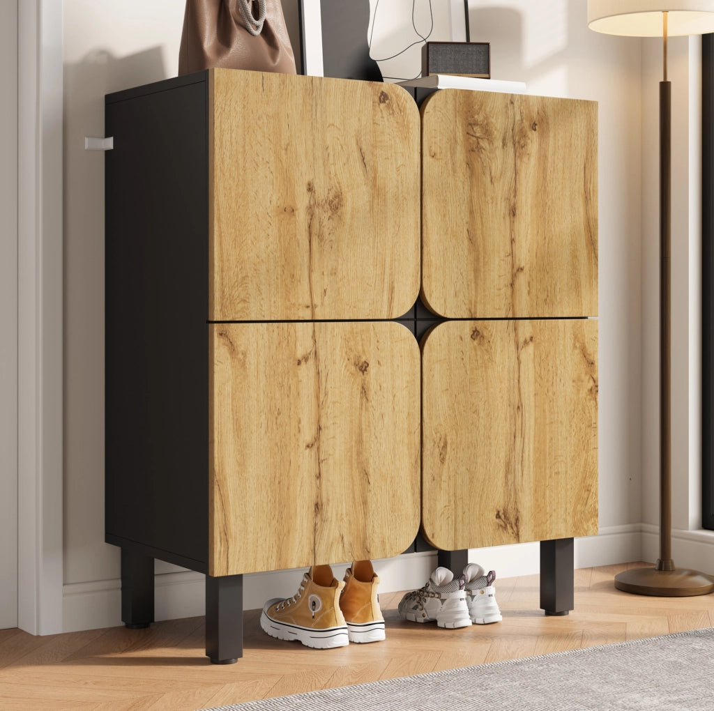 Scarpiera a 4 ante con ripiani regolabili; cerniere soft-close; MDF; nero e naturale