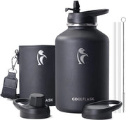 Fles da 2L in acciaio inossidabile con fodero in PU pelle, bottiglie da mezza gallone isolate con beccuccio, grande secchio metallico in acciaio inossidabile, mantiene fresco per 48 ore, caldo per 24 ore, Nero Polare