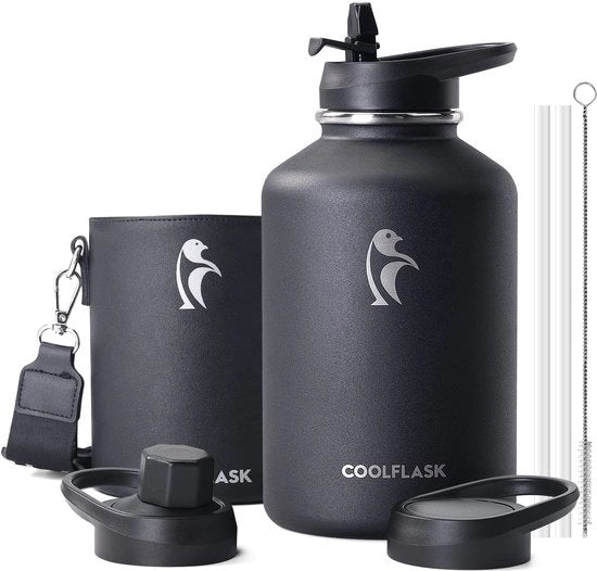 Fles da 2L in acciaio inossidabile con fodero in PU pelle, bottiglie da mezza gallone isolate con beccuccio, grande secchio metallico in acciaio inossidabile, mantiene fresco per 48 ore, caldo per 24 ore, Nero Polare