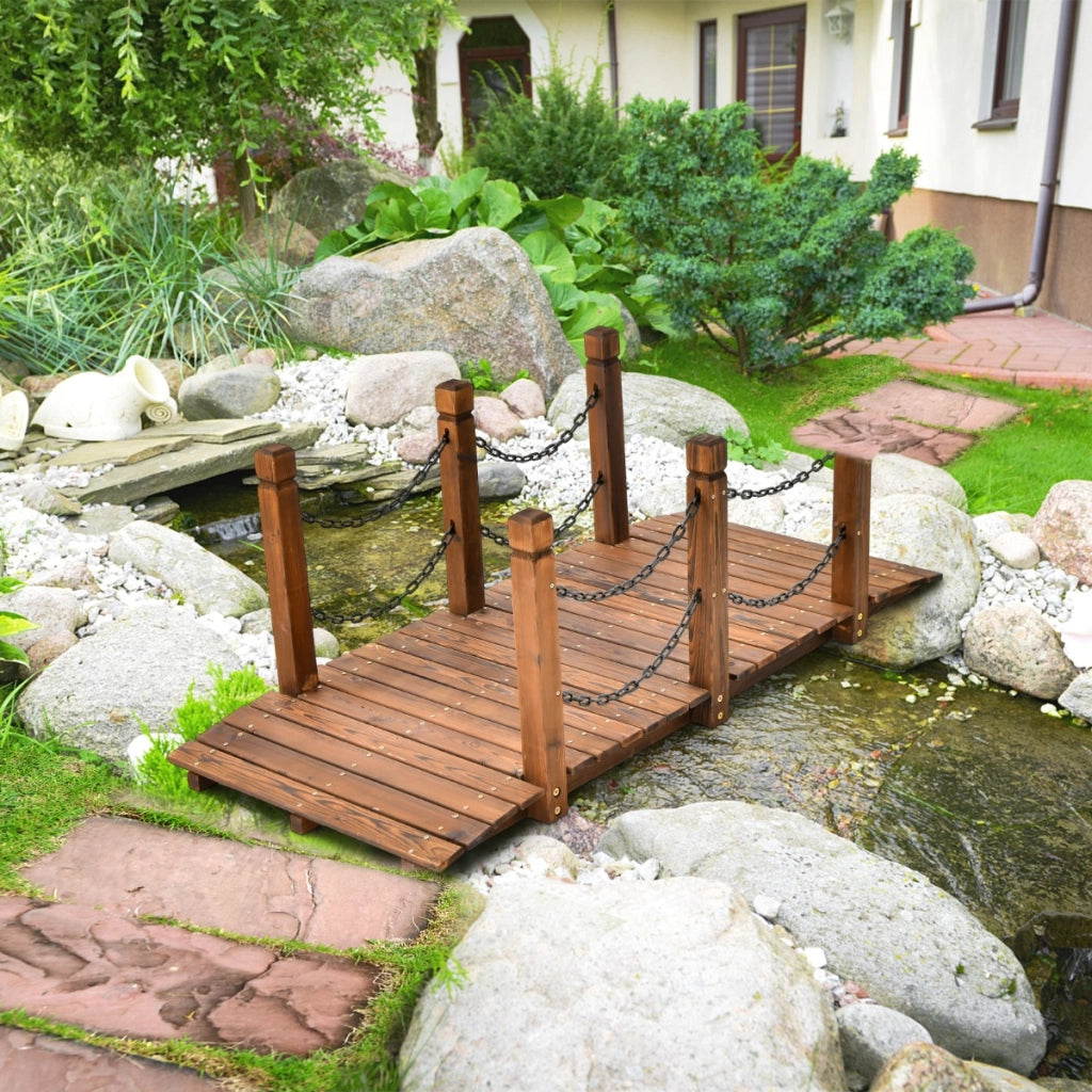 Ponte di legno ad arco con ringhiera con catene, Ponte decorativo per ruscello fattoria cortile giardino Naturale-Decorazioni da giardino