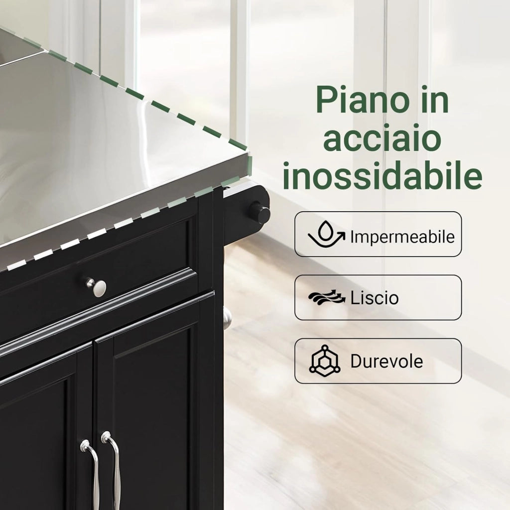 isola cucina con ruote carrello da cucina con piano di lavoro pieghevole mobile cucina con ruote penisola cucina piano lavoro Nero 107x92x(46-71) cm FKW71-II-SCH