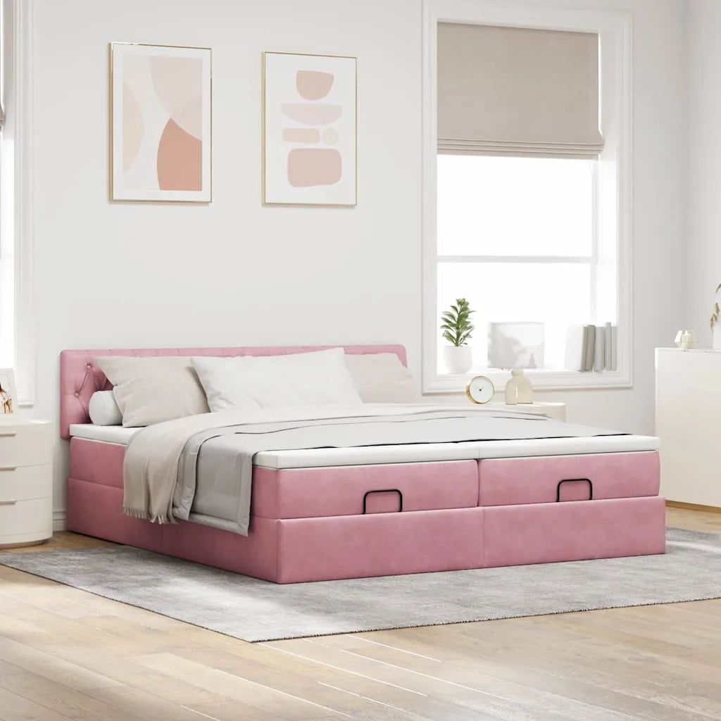 Struttura Letto Pouf con Materassi Rosa 200x200 cm Velluto 3312952