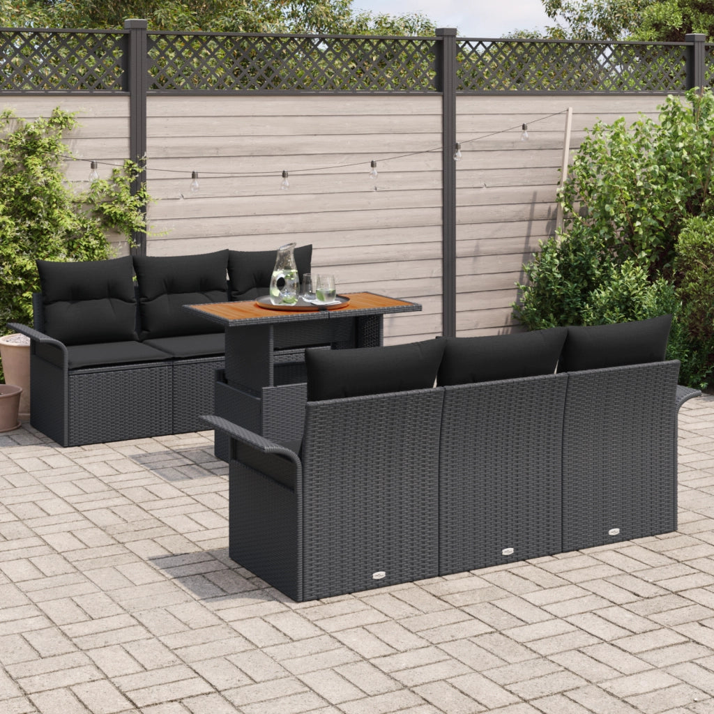 Set di divani da giardino da 7 pezzi con cuscini neri in polyrattan acacia