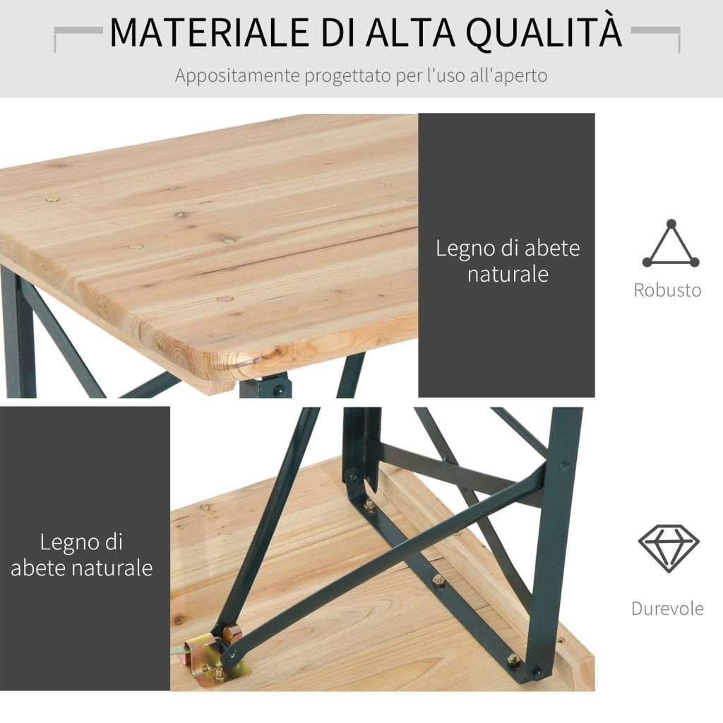 Set Birreria da Esterno Tavolo e 2 Panche con Schienale Pieghevoli in Legno di Abete