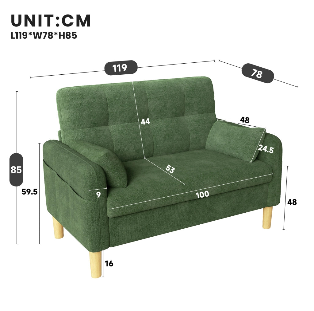 Divano modulare 2 posti in ciniglia verde con 2 cuscini e tasca laterale; 119 x 78 x 85 cm