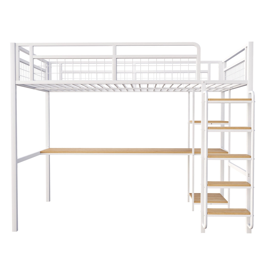 Letto a soppalco in metallo 140x200 cm bianco con scrivania; ripiani e scala di sicurezza