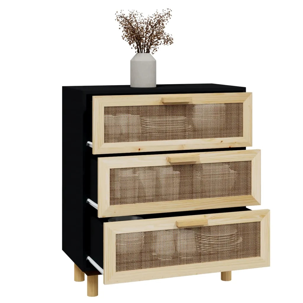 Credenza | Madia | Buffet da pranzo | Armadio da pranzo Nera 60x30x70 cm Legno Massello Pino e Rattan Naturale