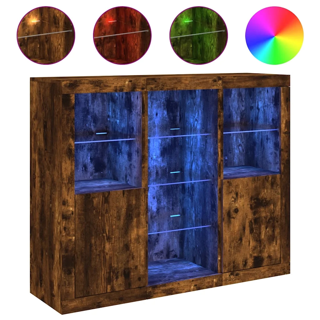 Credenze con Luci LED 3 pz | Madia | Buffet da pranzo | Armadio da pranzo Rovere Fumo in Legno Multistrato