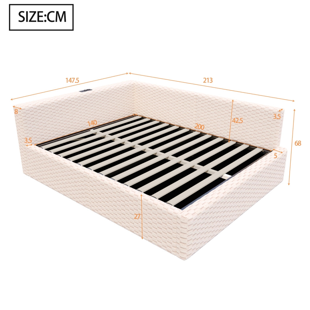 Letto divano 140 × 200 cm con contenitore idraulico, LED, 2 USB e Type-C, senza materasso, in velluto beige