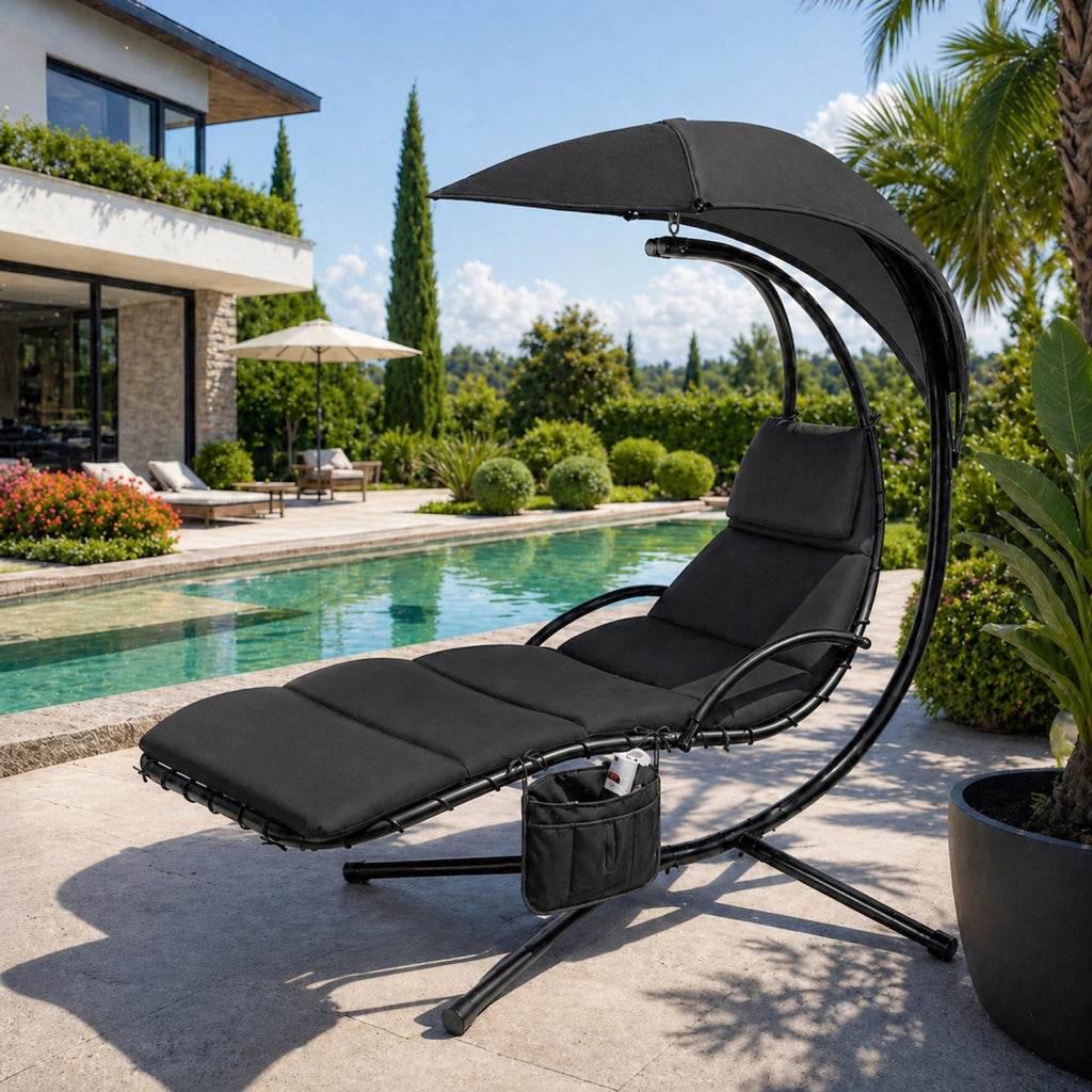 Sdraio A Sospensione Con Ombrellone Nero E Cuscino Ergonomico Amaca Da Giardino In Poliestere Resistente Per Arredamento Esterno Terrazzo Bordo Piscina Formato 195x132x197 Cm