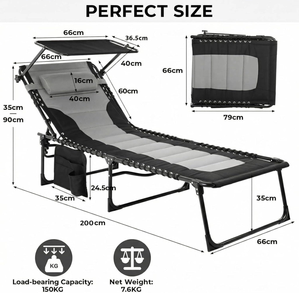 200 × 66 cm sdraio pieghevole con tetto, sedia a sdraio imbottita con schienale regolabile in 5 posizioni, lettino da giardino extra grande fino a 150 kg, pieghevole per balcone, campeggio