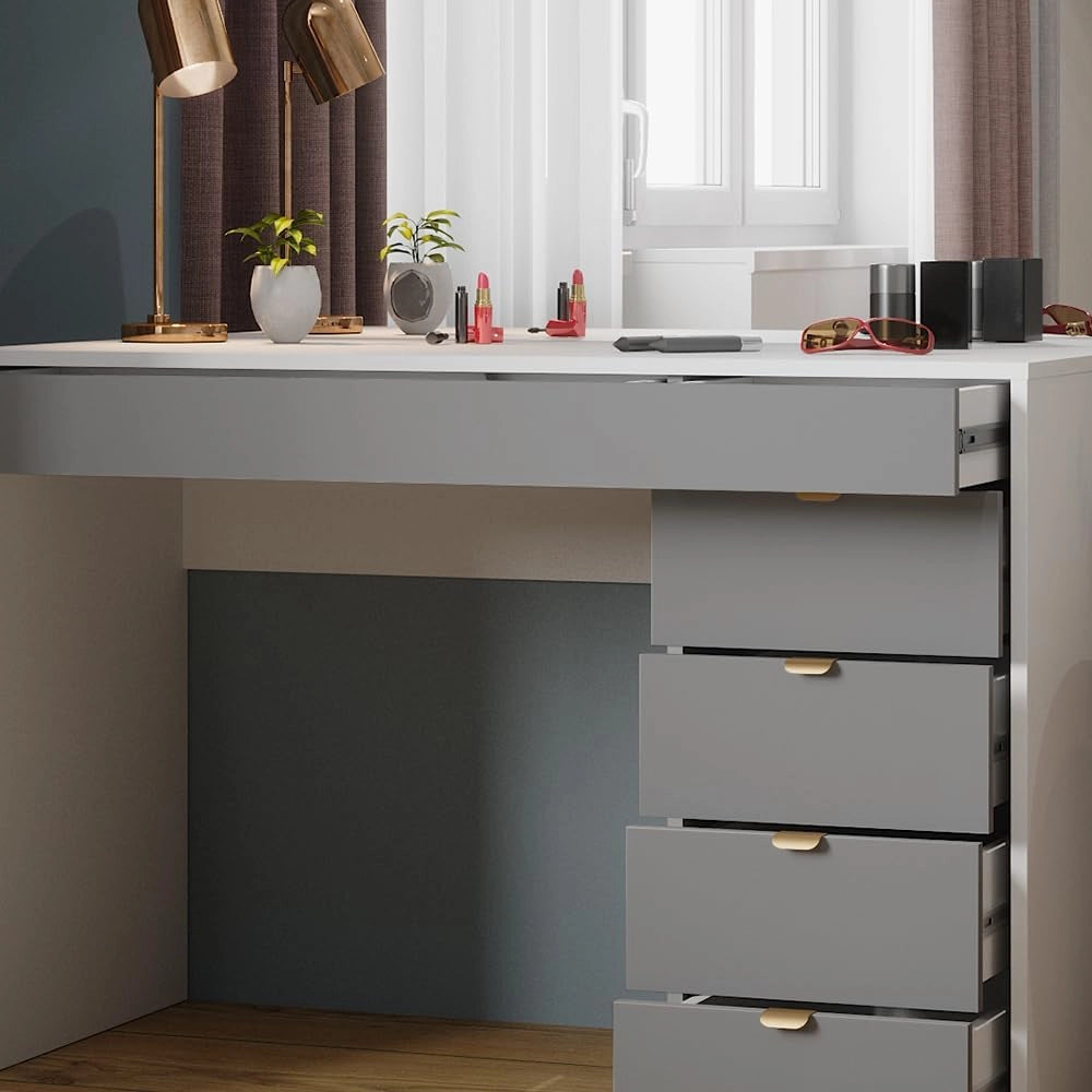 Tavolo da toeletta Elise, Bianco/grigio/grigio, 115 cm con specchio, con specchio fisso integrato per l’uso quotidiano