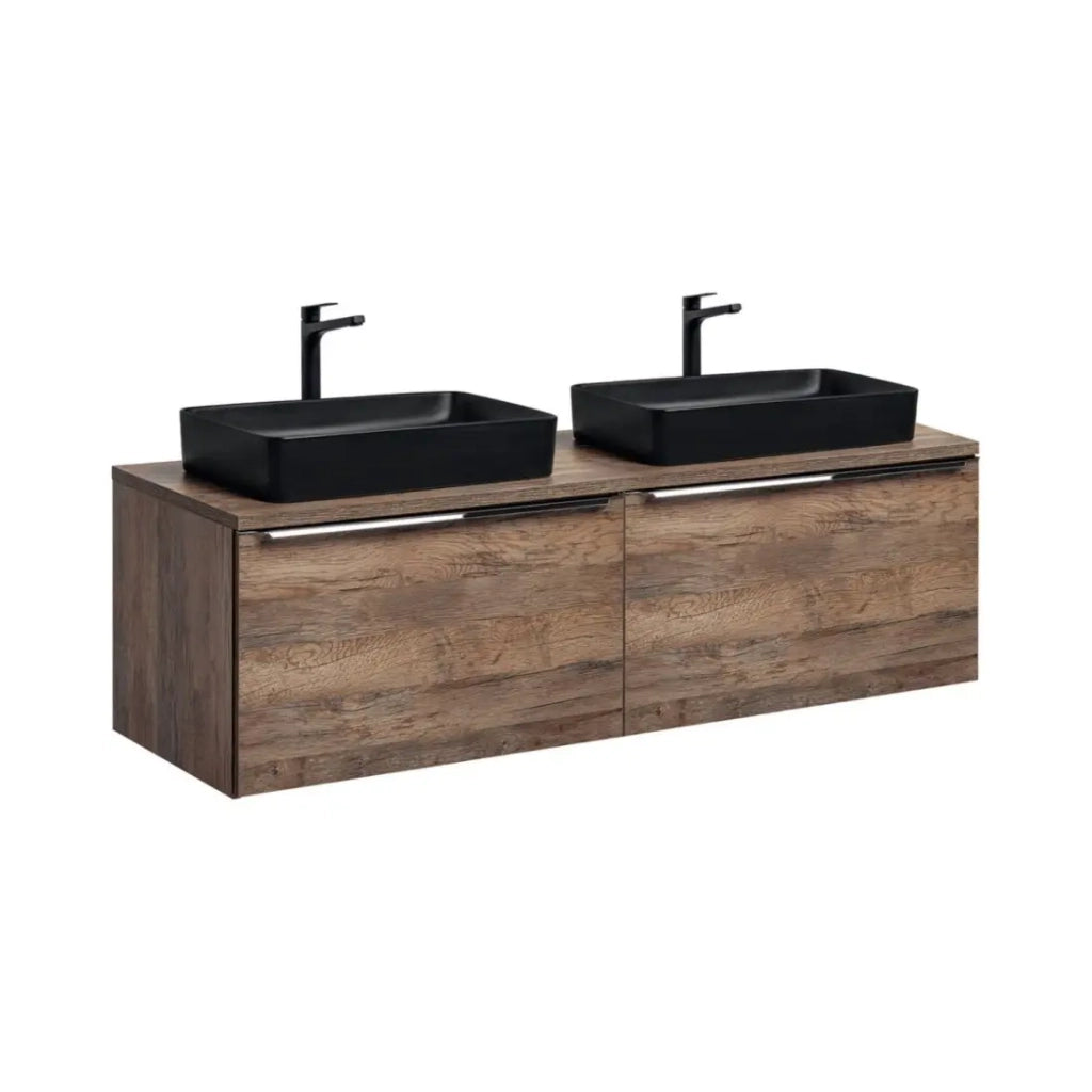 Set bagno VANTA in rovere: mobile sottolavabo 160cm + piano lavabo + 2 lavabi neri da appoggio