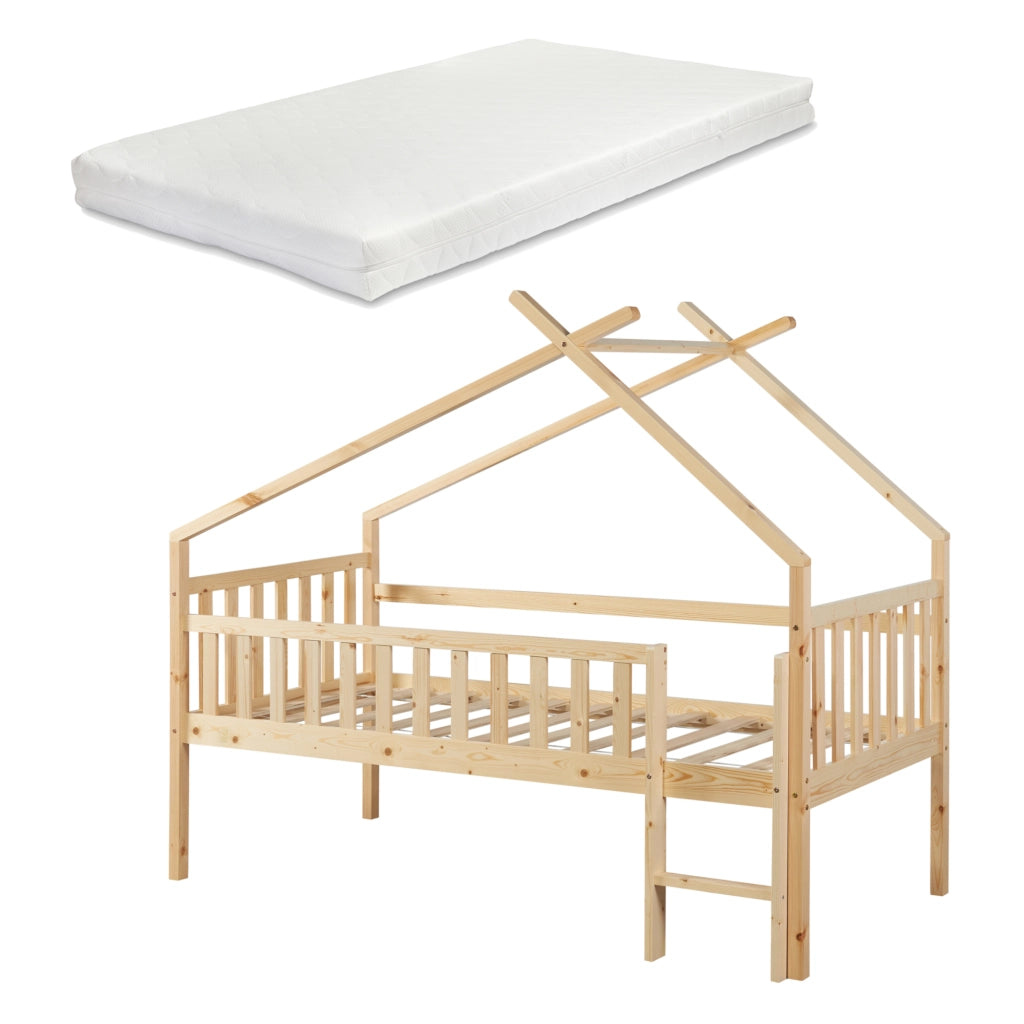 Letto a Casetta per Cameretta Sotkamo in Legno con Materasso 90x200 cm - Naturale [en.casa]