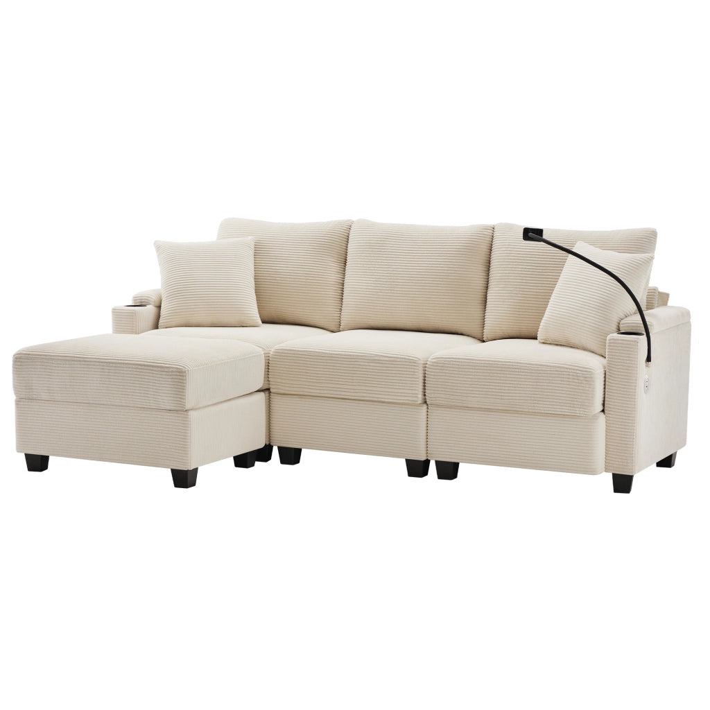 Divano Angolare 3 Posti con Poggiapiedi ¨C MINIMAL ¨C Beige, Braccioli, Cuscini