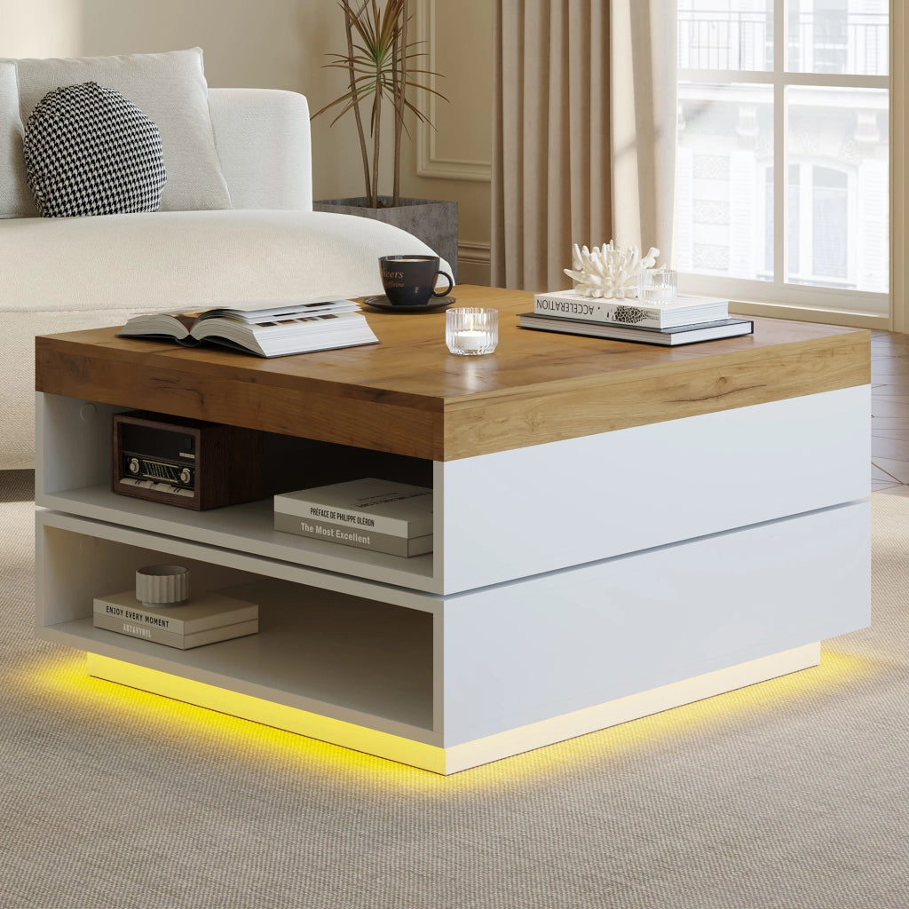 TAVOLO da caffè 65x65x40 cm girevole 360° MDF bianco e legno con LED