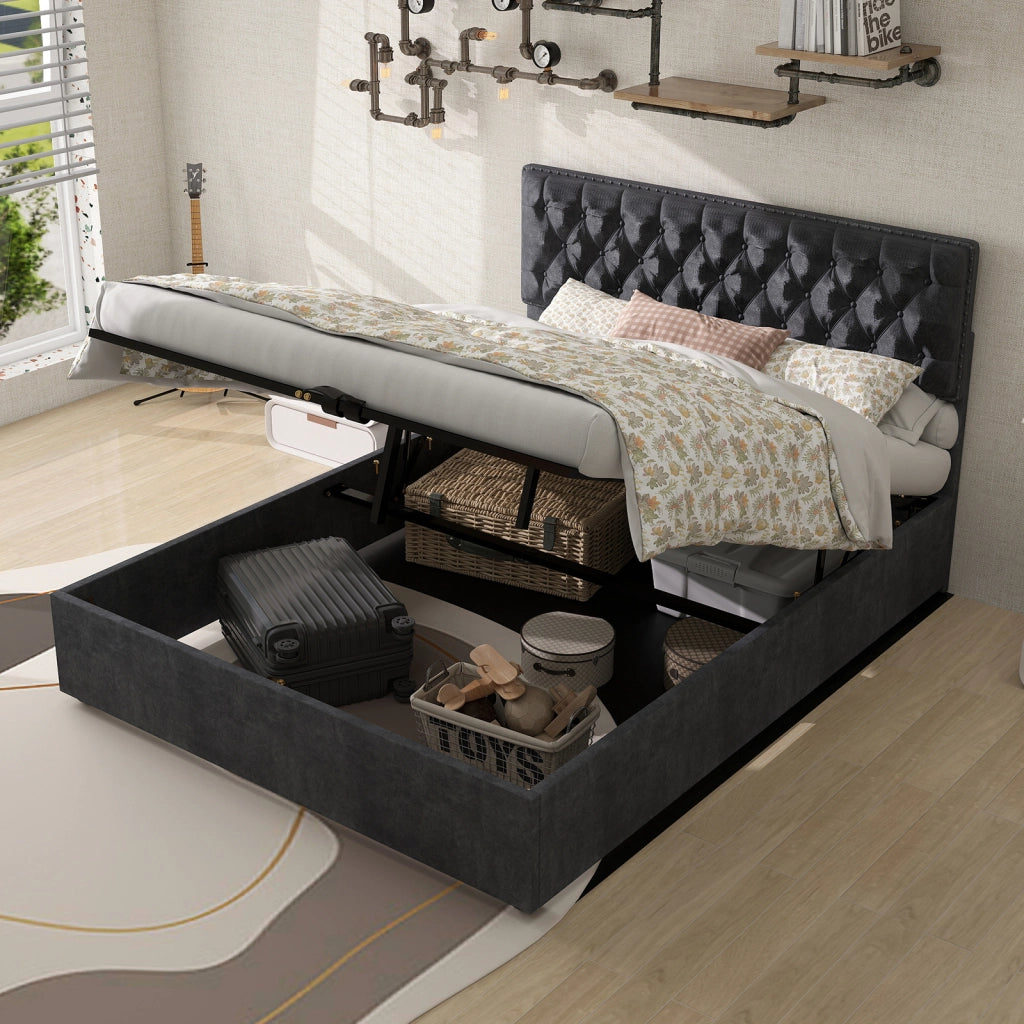 Letto Contenitore Imbottito ¨C MINIMAL ¨C Grigio 140x200 con Testiera, Doghe e Sollevamento Idraulico