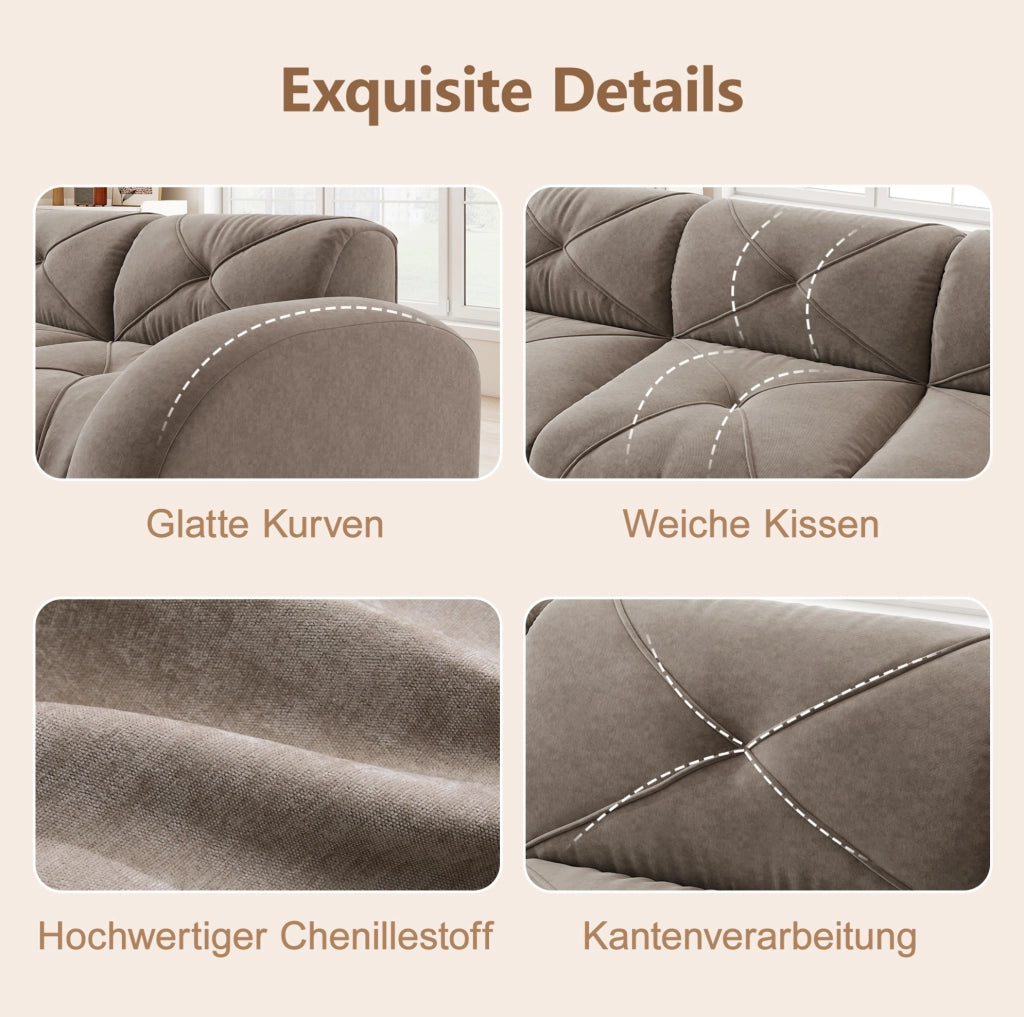 Divano modulare in chenille taupe con pouf; struttura senza telaio e base antiscivolo