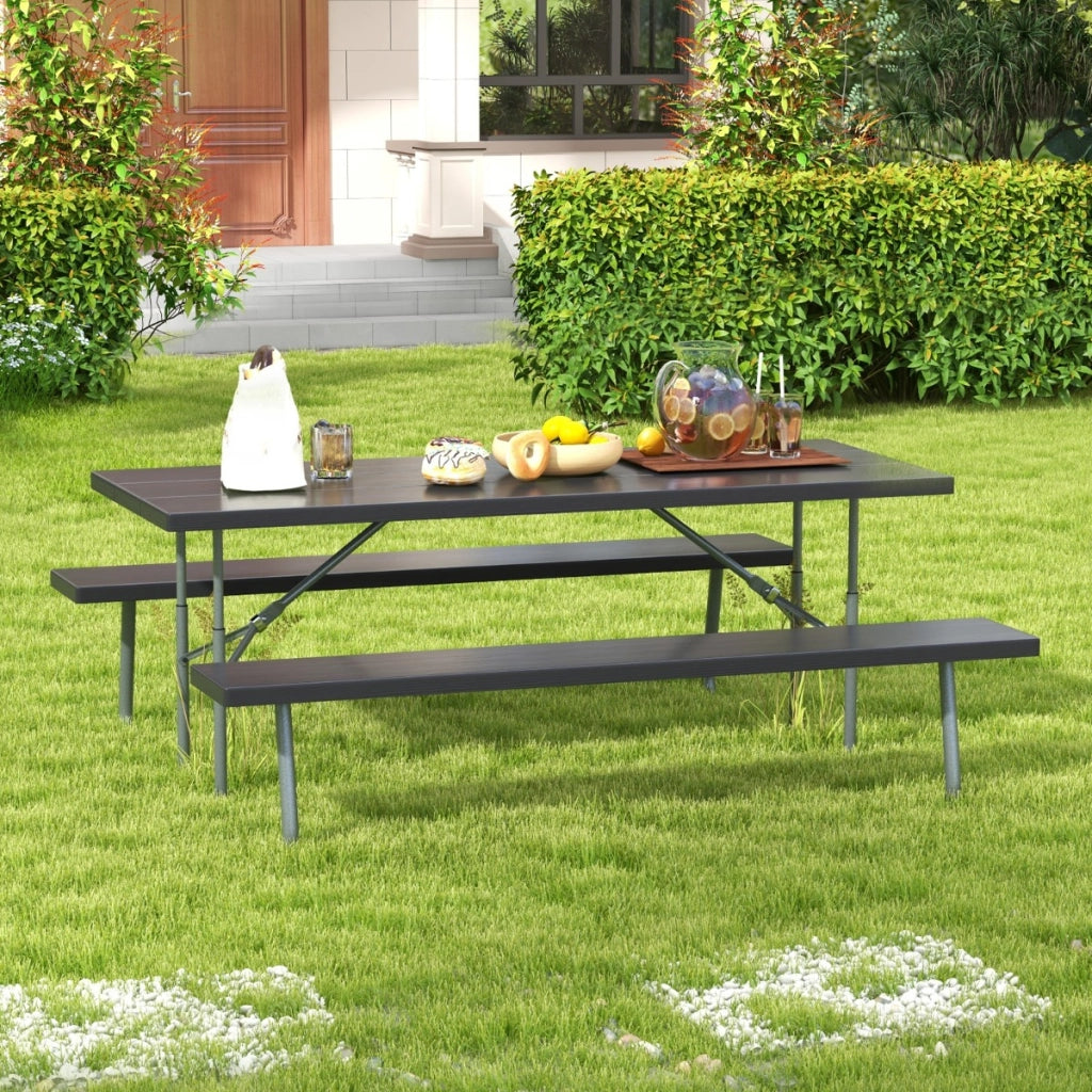 Tavolo da picnic pieghevole con 2 panche, Set di tavolo da 183cm con telaio in metallo e foro per ombrellone Nero-Tavoli e sedie da campeggio