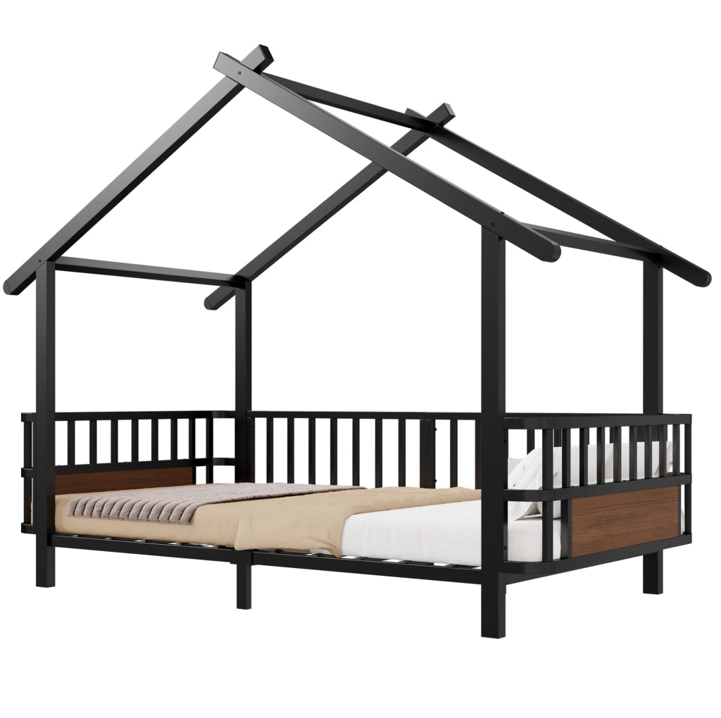Letto per bambini a casetta in metallo nero 90x200 cm