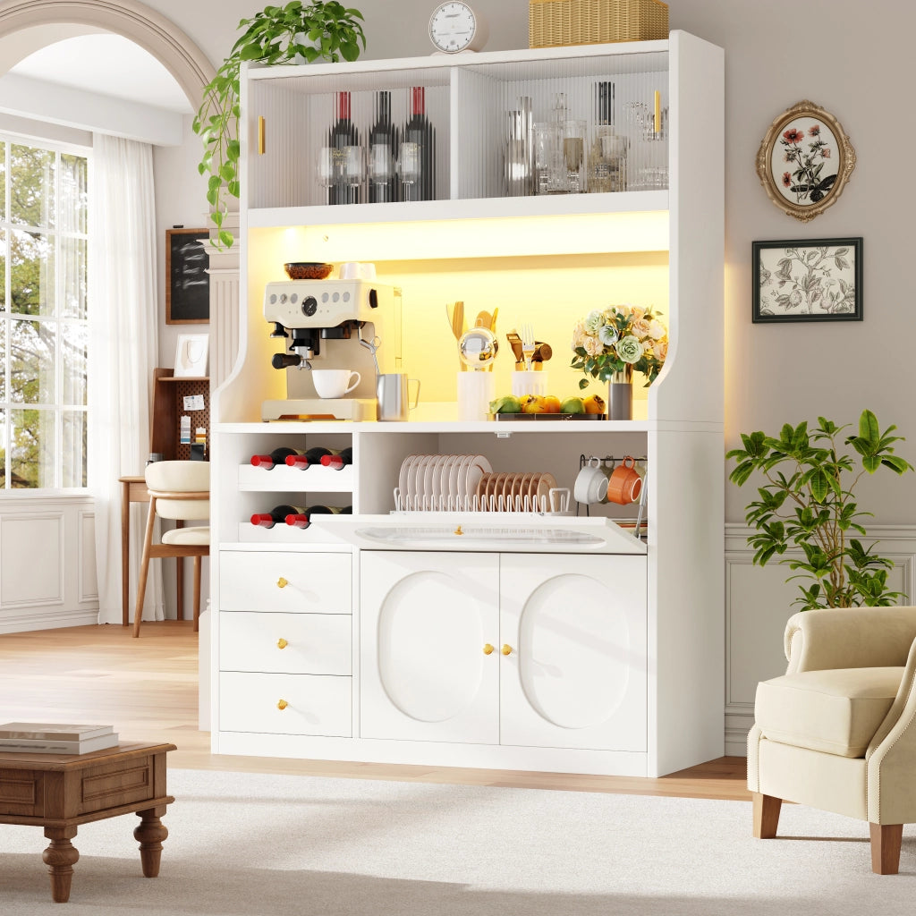 Credenza alta con vetrina, 3 cassetti e ripiani regolabili per cucina, bianco, 120 × 40 × 180 cm