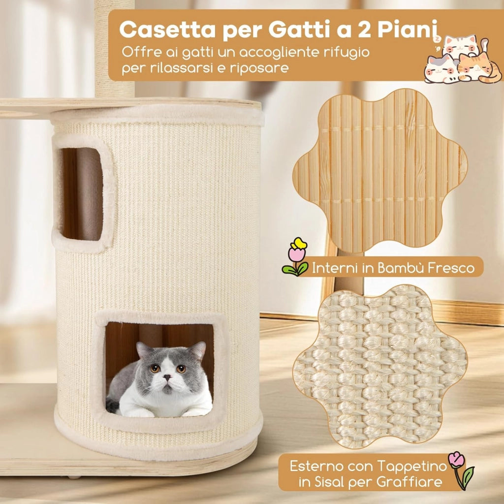 Albero per Gatti 151 cm, Tiragraffi per Gatti Adulti con Condo a 2 Piani, Tiragraffi in Sisal e Tappetino, Amaca e Cuscino, Mobile per Animali Domestici