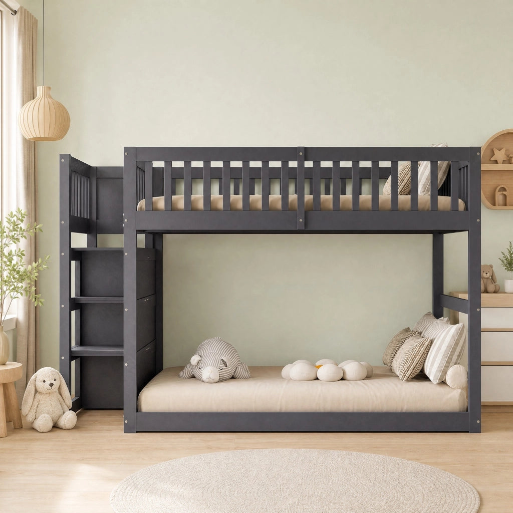 LETTO A CASTELLO BASSO 140x200 cm in legno grigio con scala e 4 cassetti