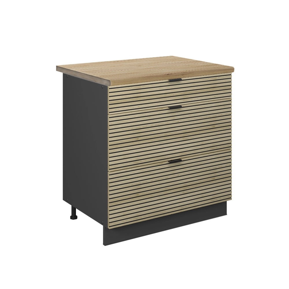 Mobiletto base per cucina Fame-Line Pannello in quercia/Antracite 80 cm con 3 cassetti, PL Rovere Vicco