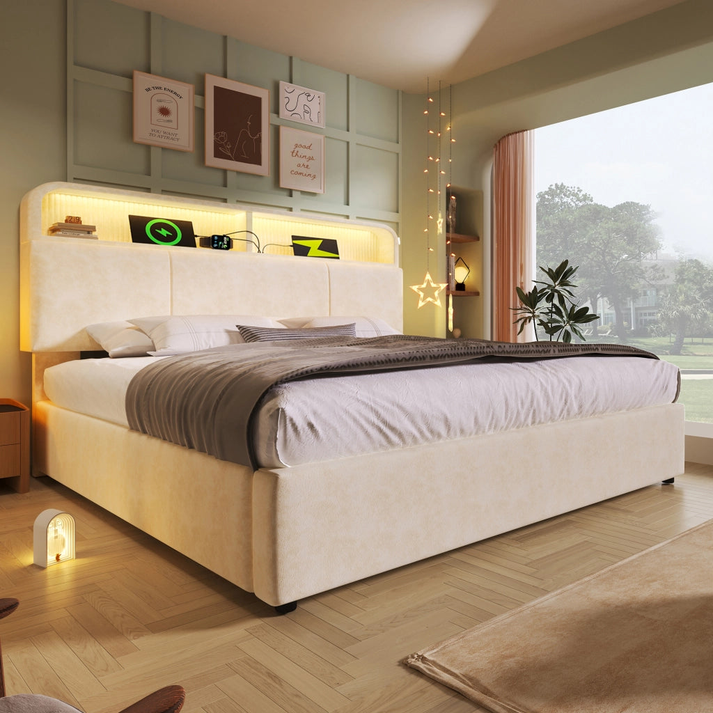 LETTO Idraulico 140x200 cm in velluto beige con LED USB e materasso incluso