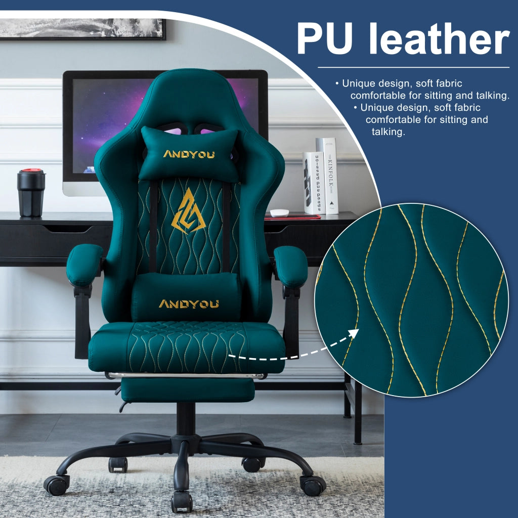 Sedia da gaming con poggiapiedi ¨C zephmum ¨C imbottita, similpelle, blu navy