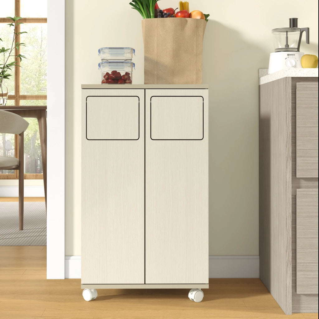 Mobile contenitore con 2 vani; ruote e porta sacchi in MDF per cucina e sala da pranzo; 46.7×35×80 cm