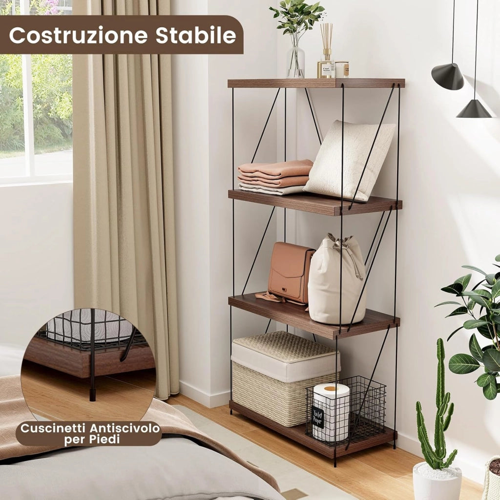 Scaffale Multiuso a 2/3/4/5 Ripiani, Libreria Autoportante con Struttura in Metallo, Stile Industriale, per Camera da Letto, Soggiorno Ufficio Studio (4 Livelli 61x29,5x105 cm)