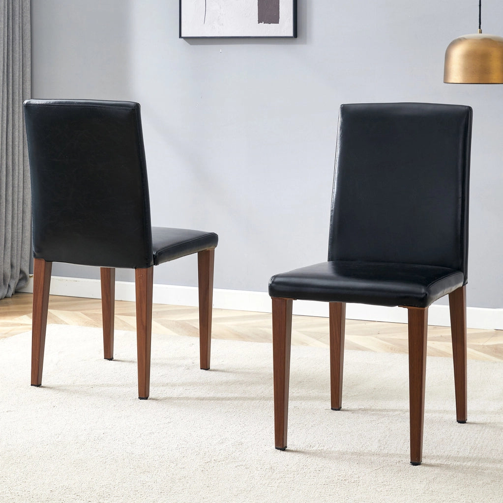 Set 2 sedie da pranzo moderne in PU nero con gambe effetto noce; 90 cm