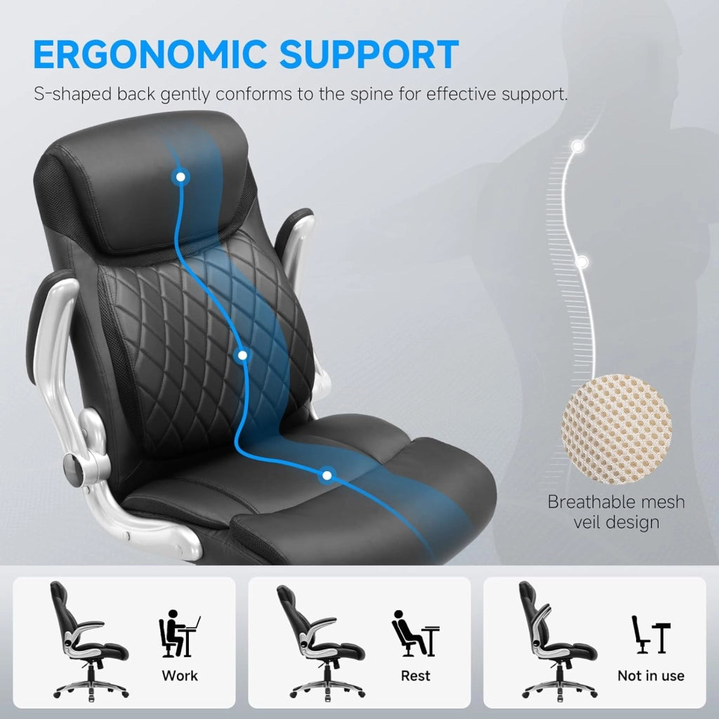 Sedia da ufficio ergonomica, con braccioli pieghevoli e schienale alto, funzione basculante, regolabile in altezza, in pelle, antigraffio