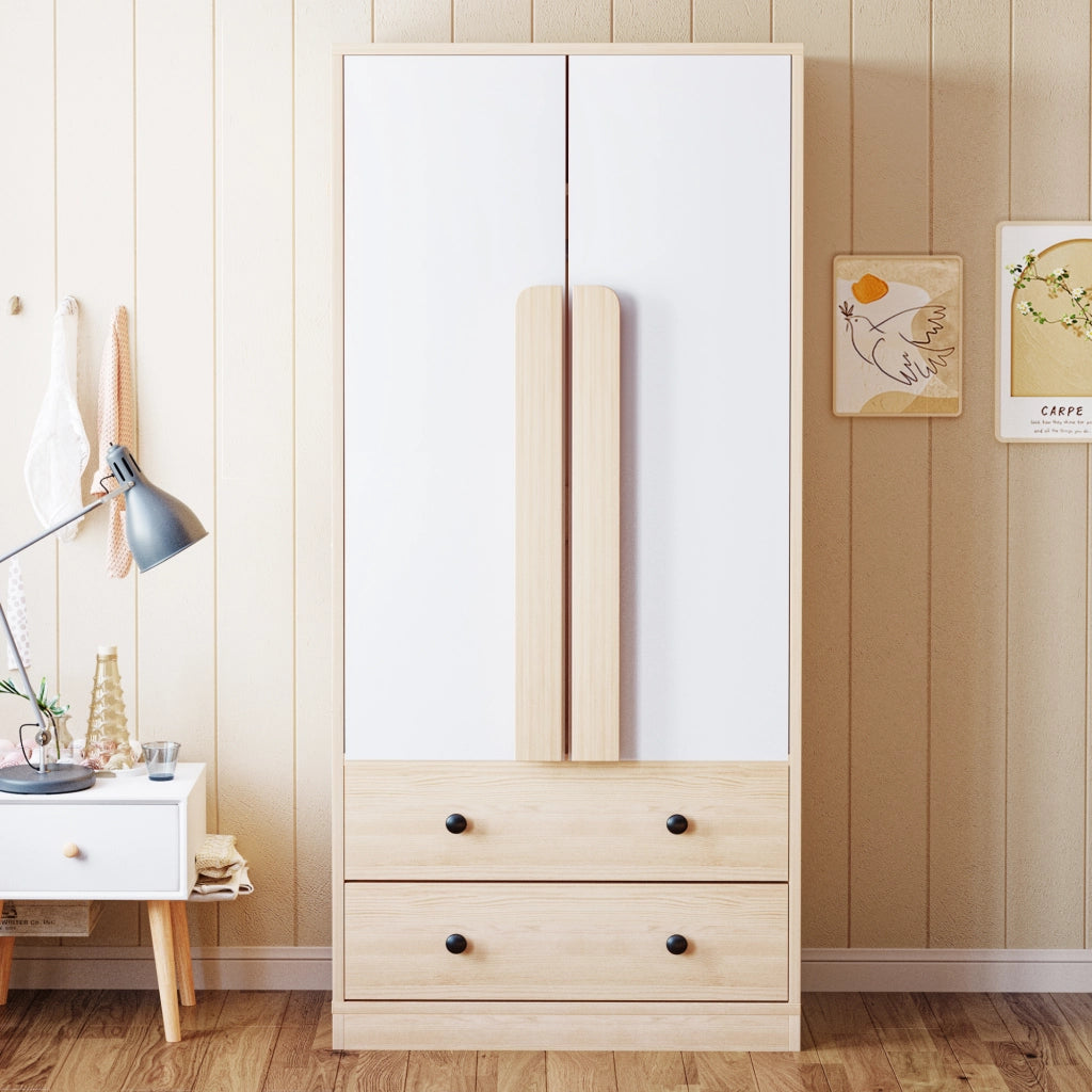 Armadio con 2 ante e 2 cassetti, 1 vano, per camera da letto e soggiorno, in legno, naturale e bianco, 70 × 40 × 170 cm