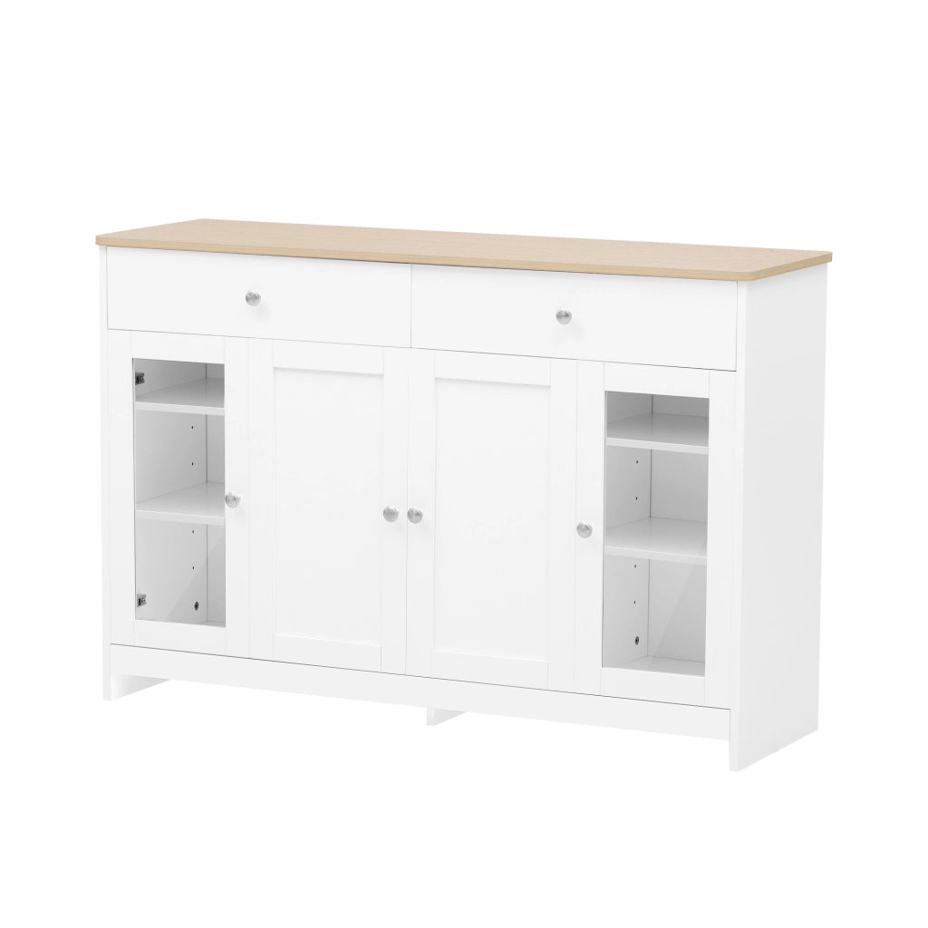 Sideboard rustico 120 cm con 2 cassetti; 4 ante e ripiani regolabili; bianco e legno
