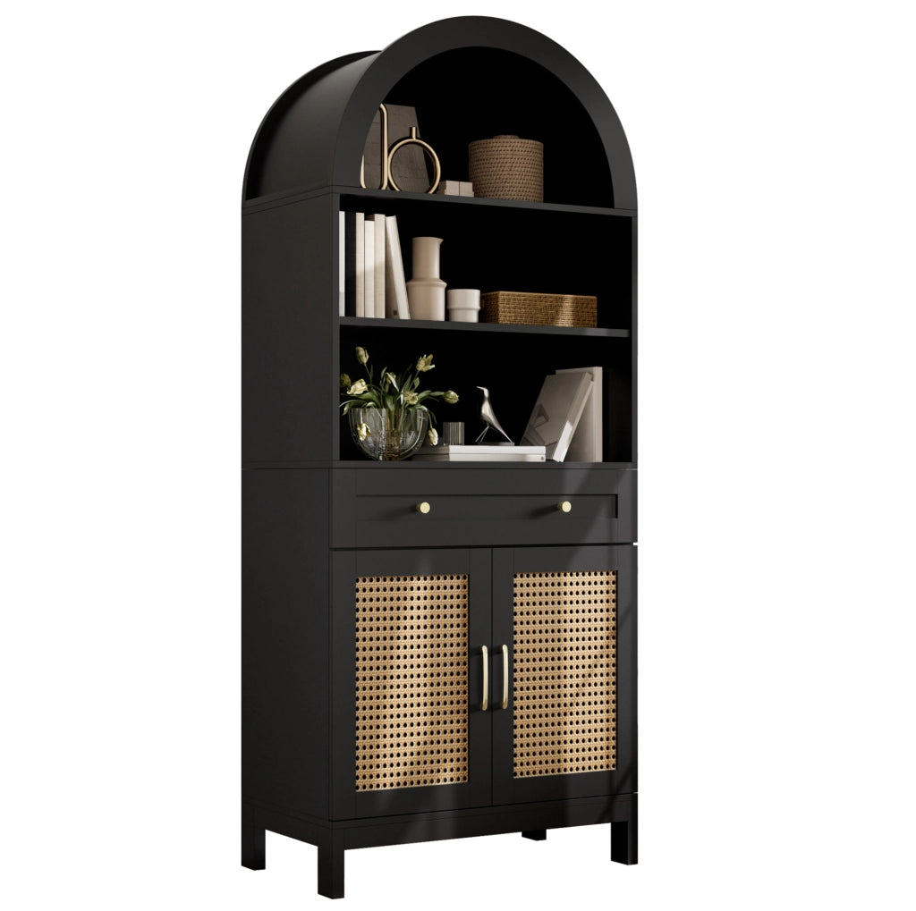 Vetrina con ante in rattan nero e legno, 70 x 40 x 170 cm