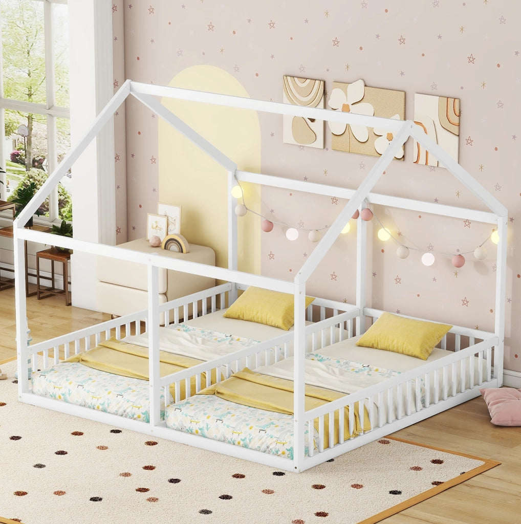 Letto a casetta 90x200 cm; 2 in 1 con sponde; pino; bianco