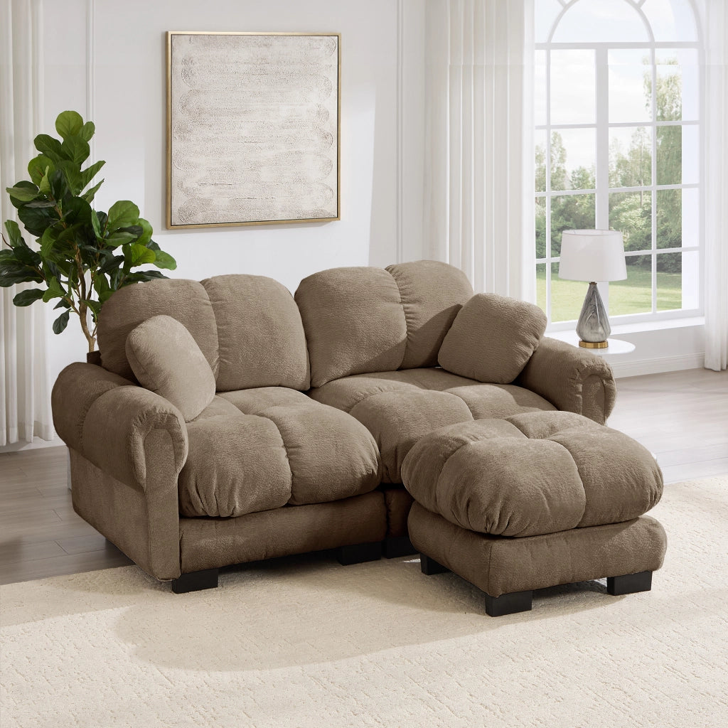 Divano angolare modulare 2 posti con pouf mobile e cuscini trapuntati in chenille marrone